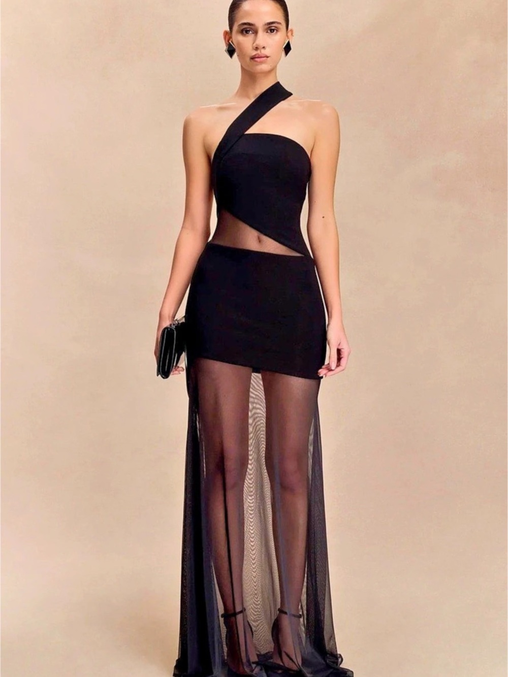 Meshki Callen One Shoulder Slinky Maxi Dress Black